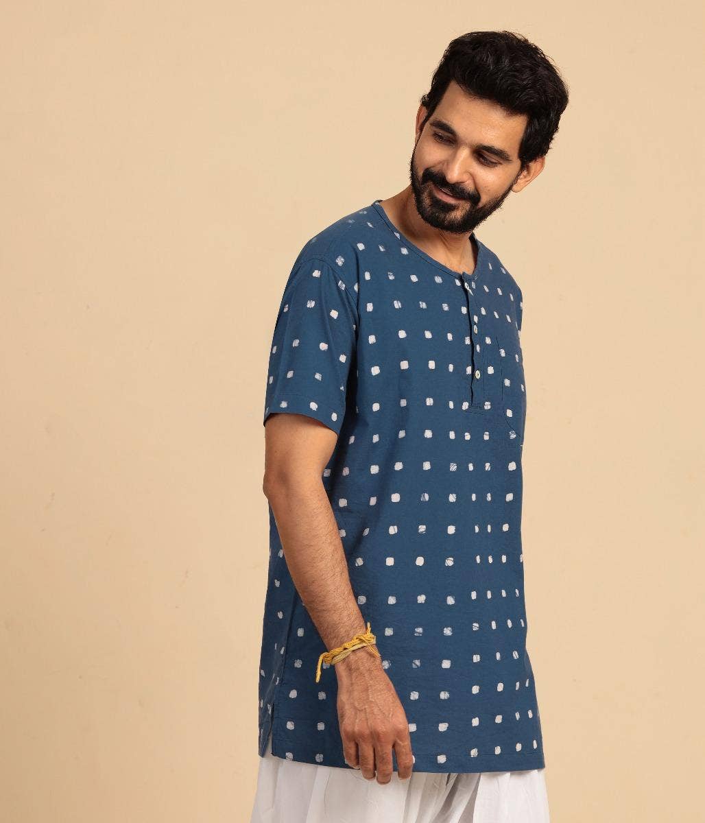 Men’s Kurta with Batik- Indigo. Short Sleeves. A festive gift