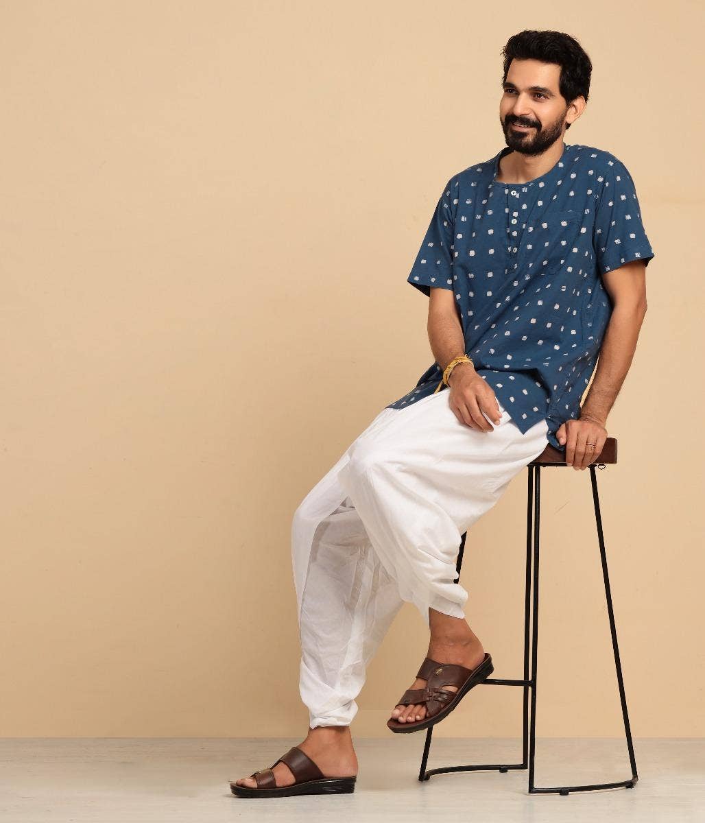 Men’s Kurta with Batik- Indigo. Short Sleeves. A festive gift