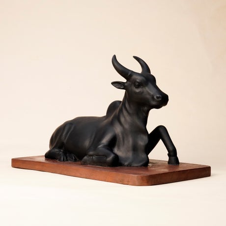 Nandi Fibre Statue with Wooden Base - 12 inch
