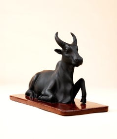Nandi Fibre Statue with Wooden Base - 6 inch
