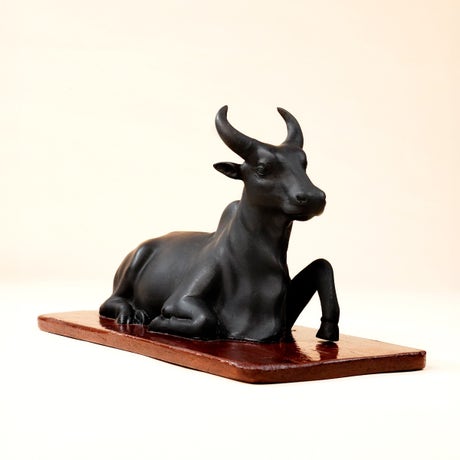 Nandi Fibre Statue with Wooden Base - 6 inch