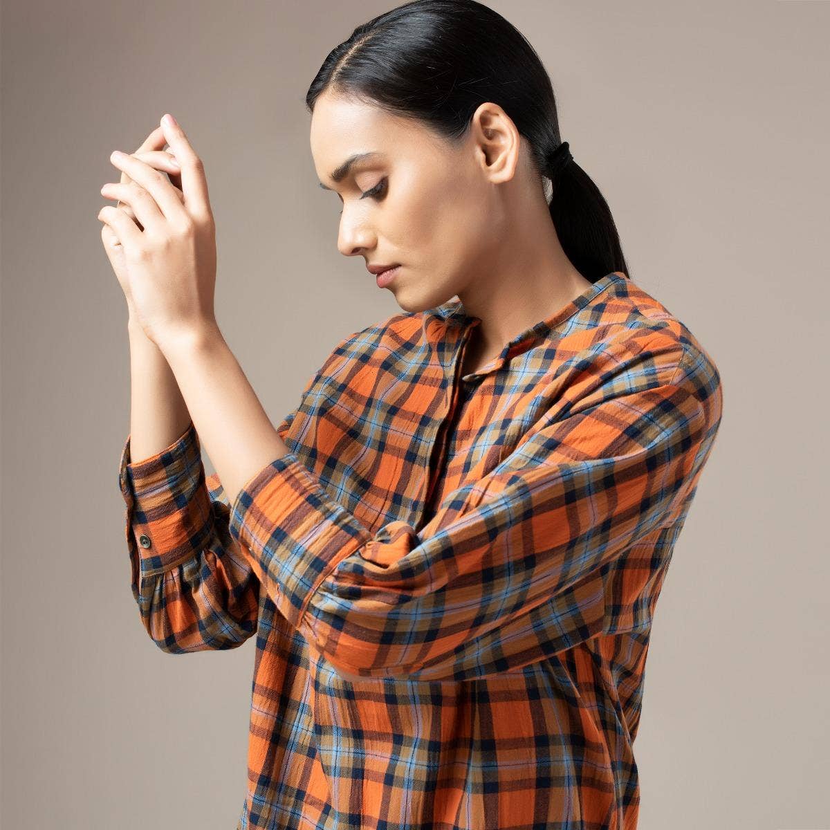 Yarn Dyed Crinkled Madras Check Womens Shirt - Rust