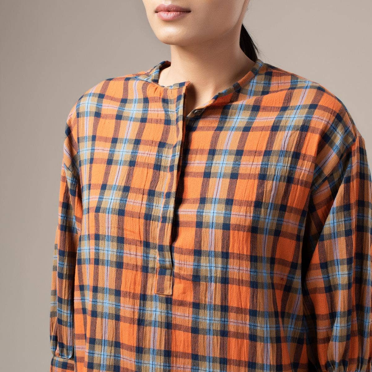 Yarn Dyed Crinkled Madras Check Womens Shirt - Rust