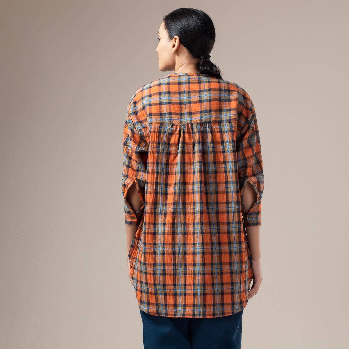 Yarn Dyed Crinkled Madras Check Womens Shirt - Rust