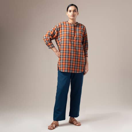Yarn Dyed Crinkled Madras Check Womens Shirt - Rust
