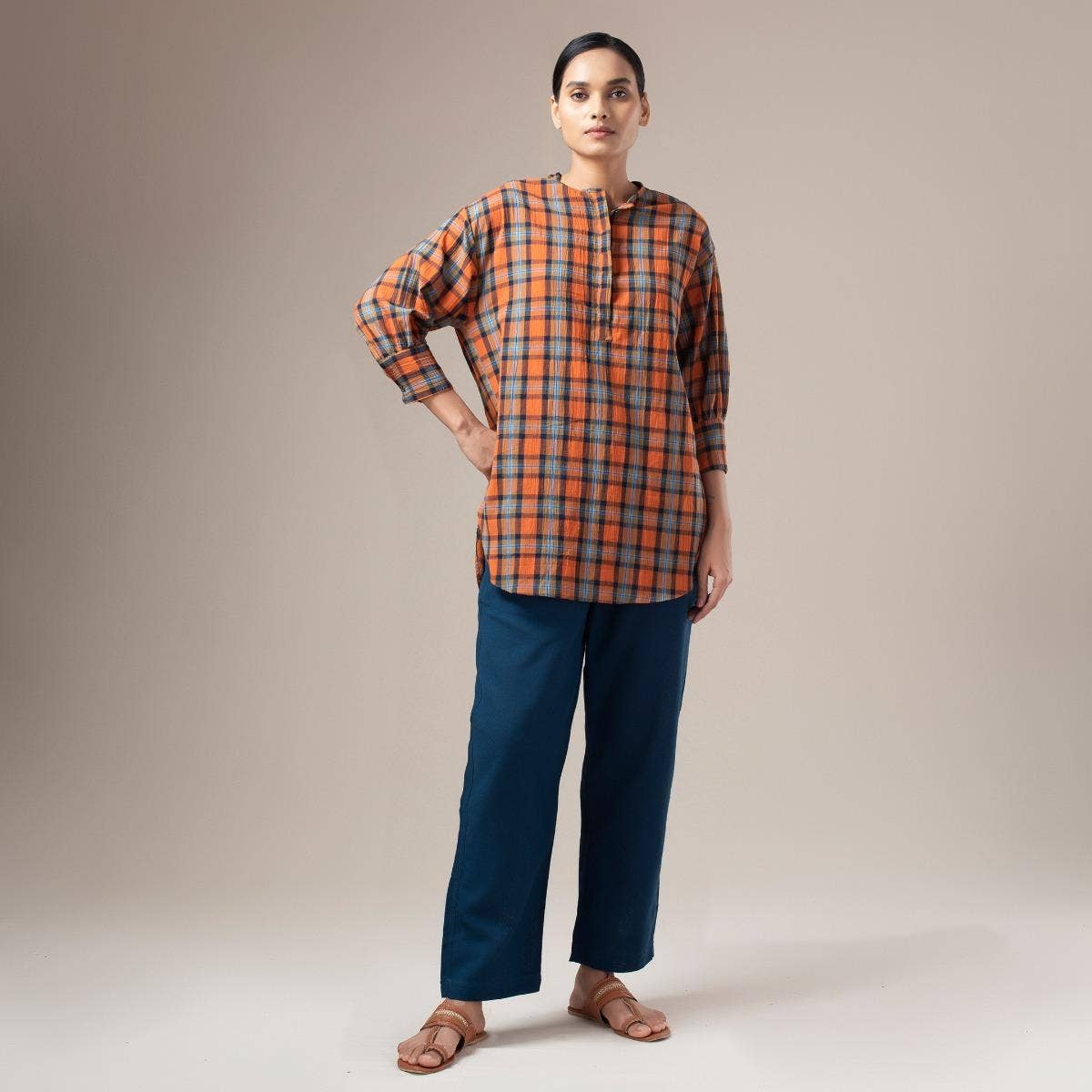 Yarn Dyed Crinkled Madras Check Womens Shirt - Rust