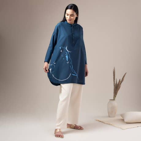 Adiyogi Printed Womens Oversized Kurta - Deep Blue