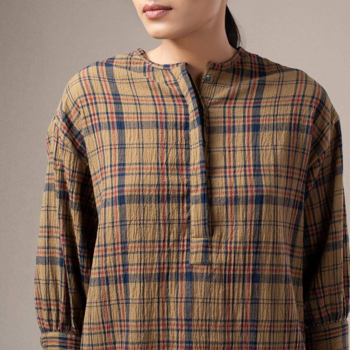 Yarn Dyed Crinkled Madras Check Womens Shirt - Dust Olive