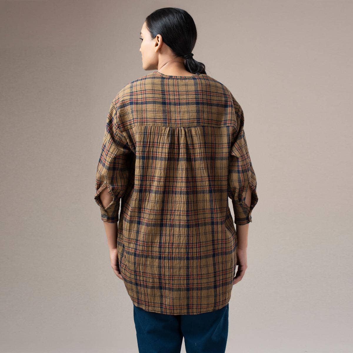 Yarn Dyed Crinkled Madras Check Womens Shirt - Dust Olive