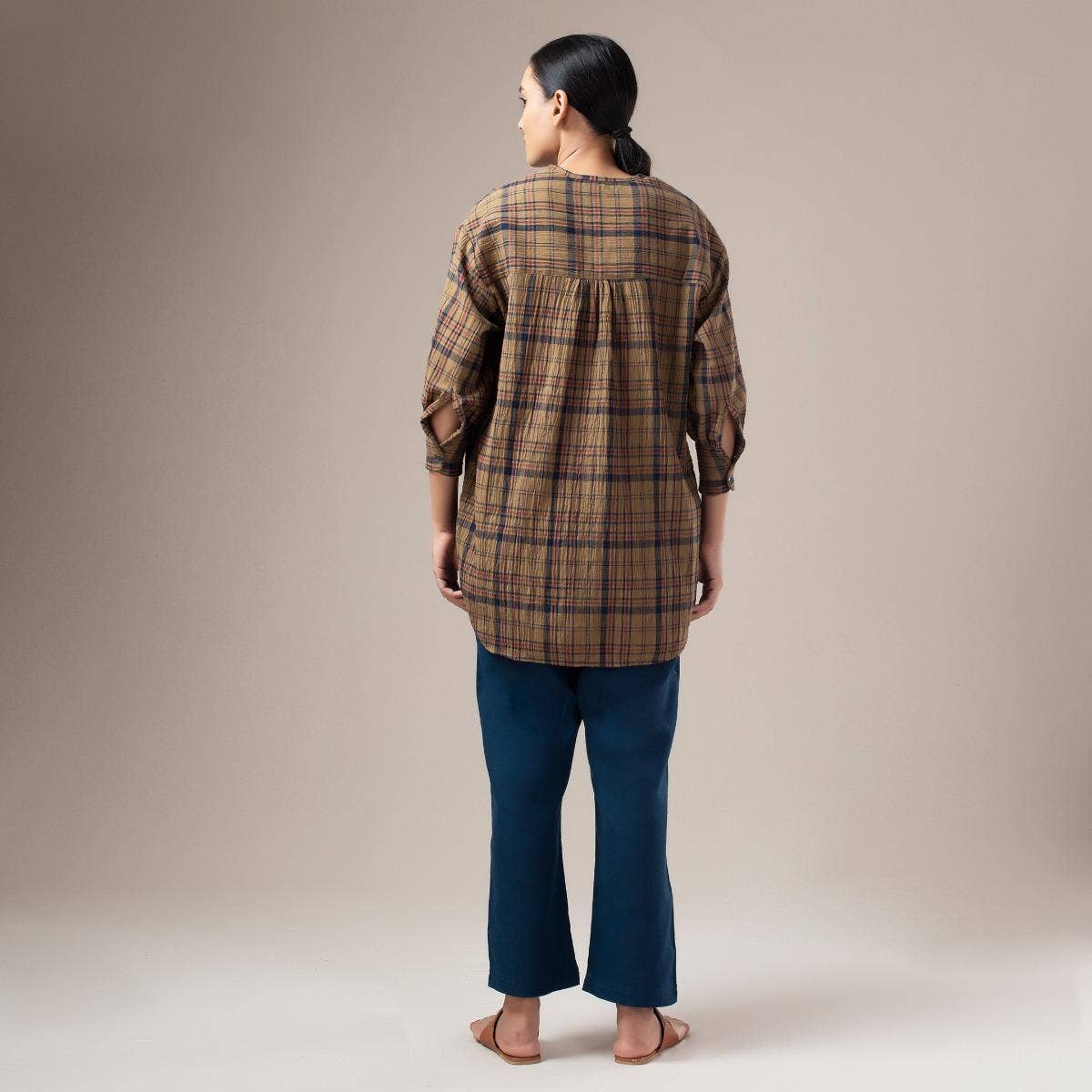 Yarn Dyed Crinkled Madras Check Womens Shirt - Dust Olive