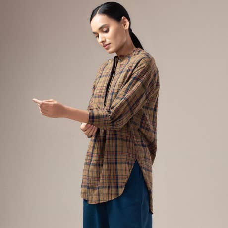 Yarn Dyed Crinkled Madras Check Womens Shirt - Dust Olive