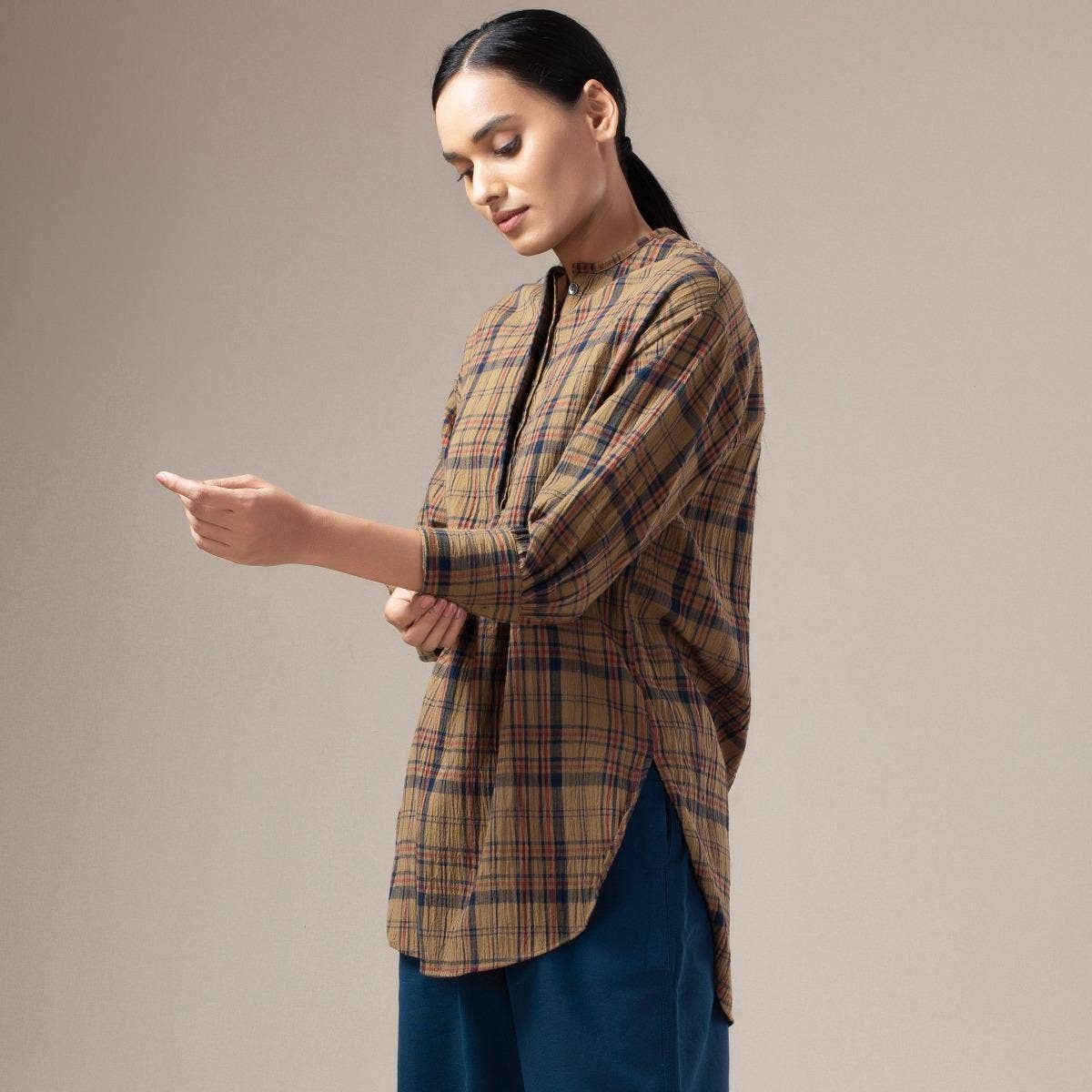 Yarn Dyed Crinkled Madras Check Womens Shirt - Dust Olive