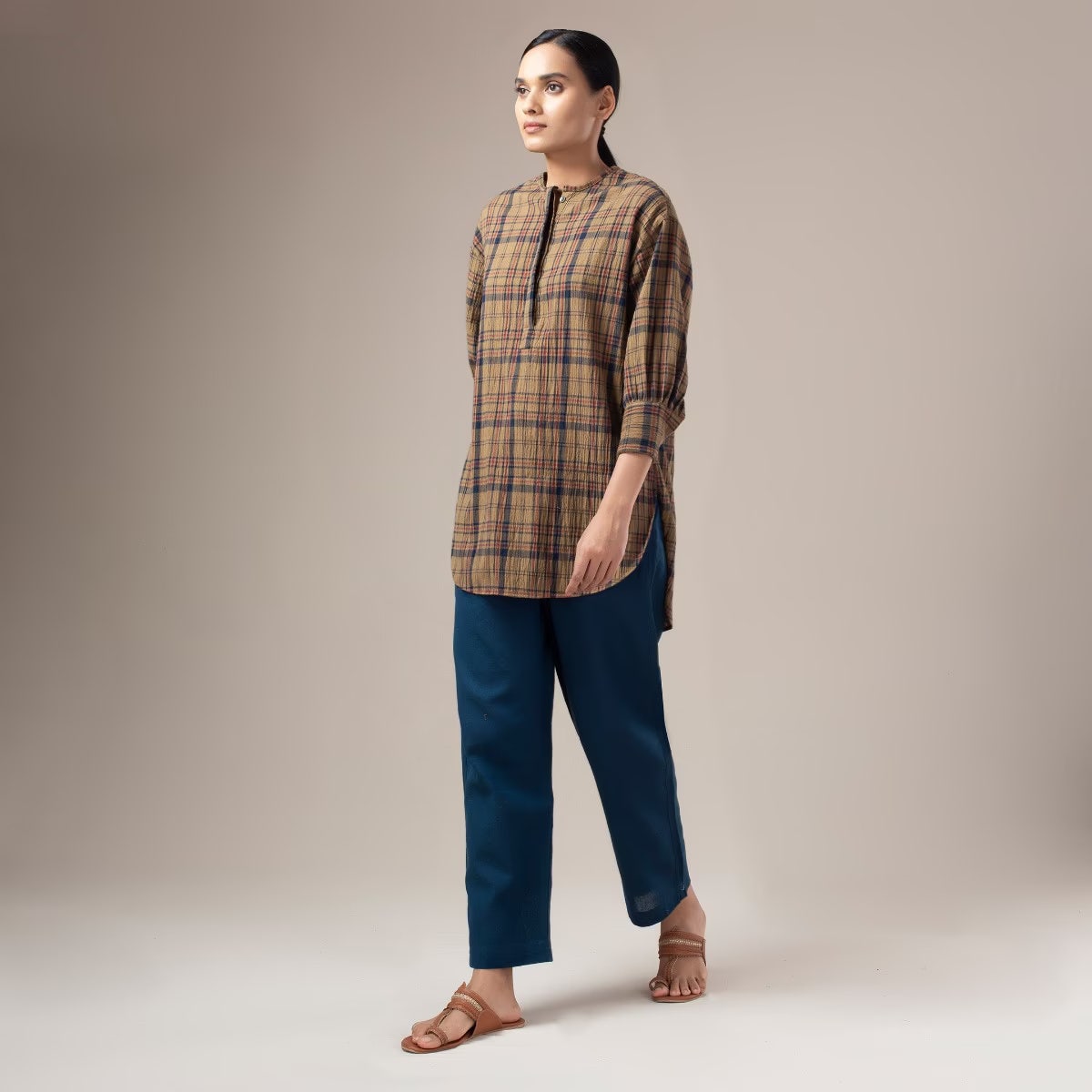 Yarn Dyed Crinkled Madras Check Womens Shirt - Dust Olive
