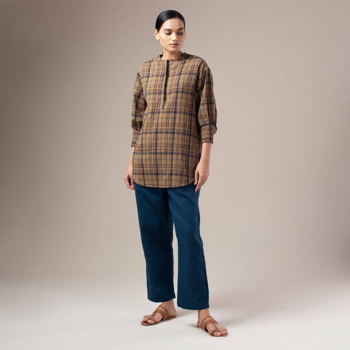 Yarn Dyed Crinkled Madras Check Womens Shirt - Dust Olive