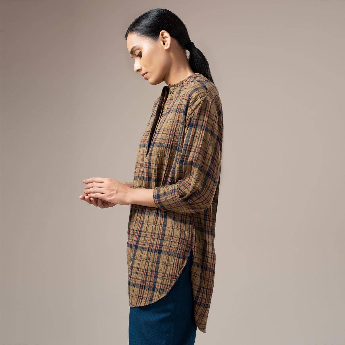 Yarn Dyed Crinkled Madras Check Womens Shirt - Dust Olive