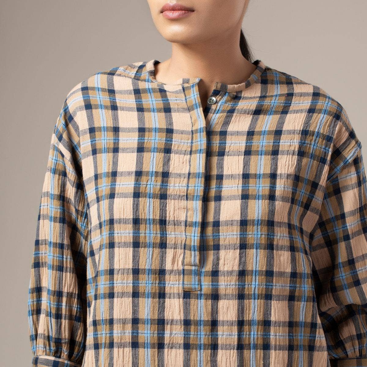 Yarn Dyed Crinkled Madras Check Womens Shirt - Khaki