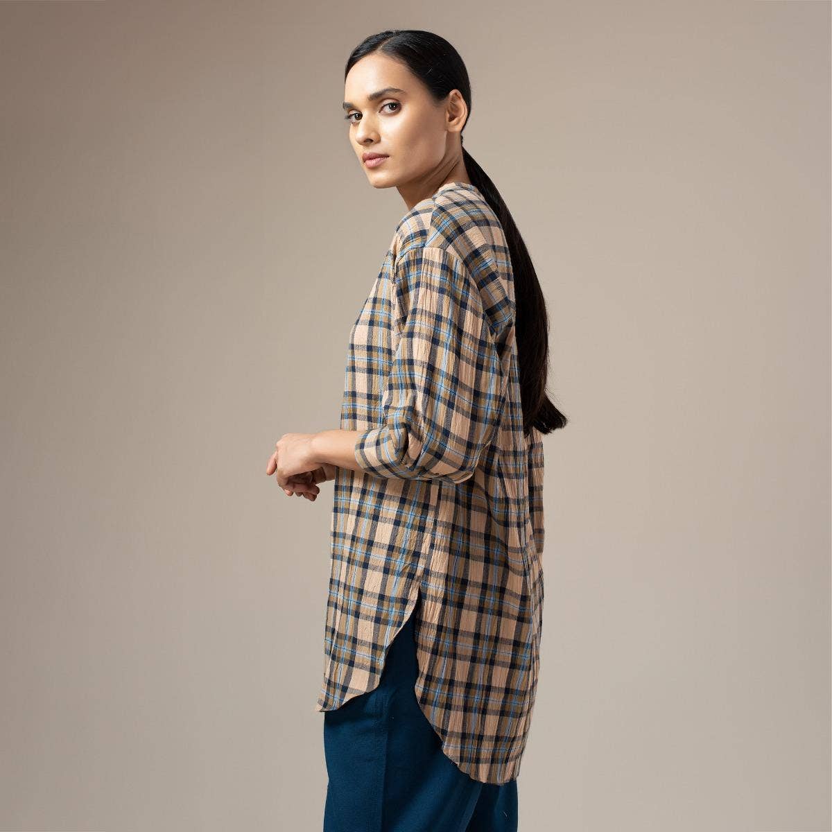 Yarn Dyed Crinkled Madras Check Womens Shirt - Khaki