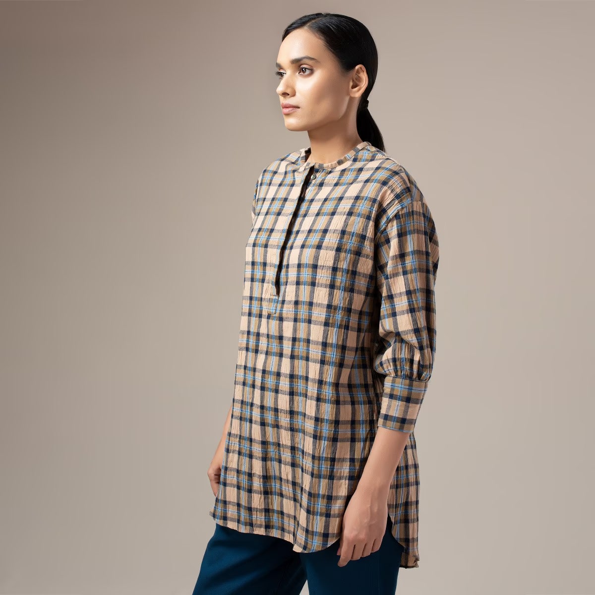 Yarn Dyed Crinkled Madras Check Womens Shirt - Khaki