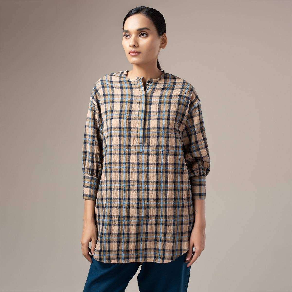 Yarn Dyed Crinkled Madras Check Womens Shirt - Khaki