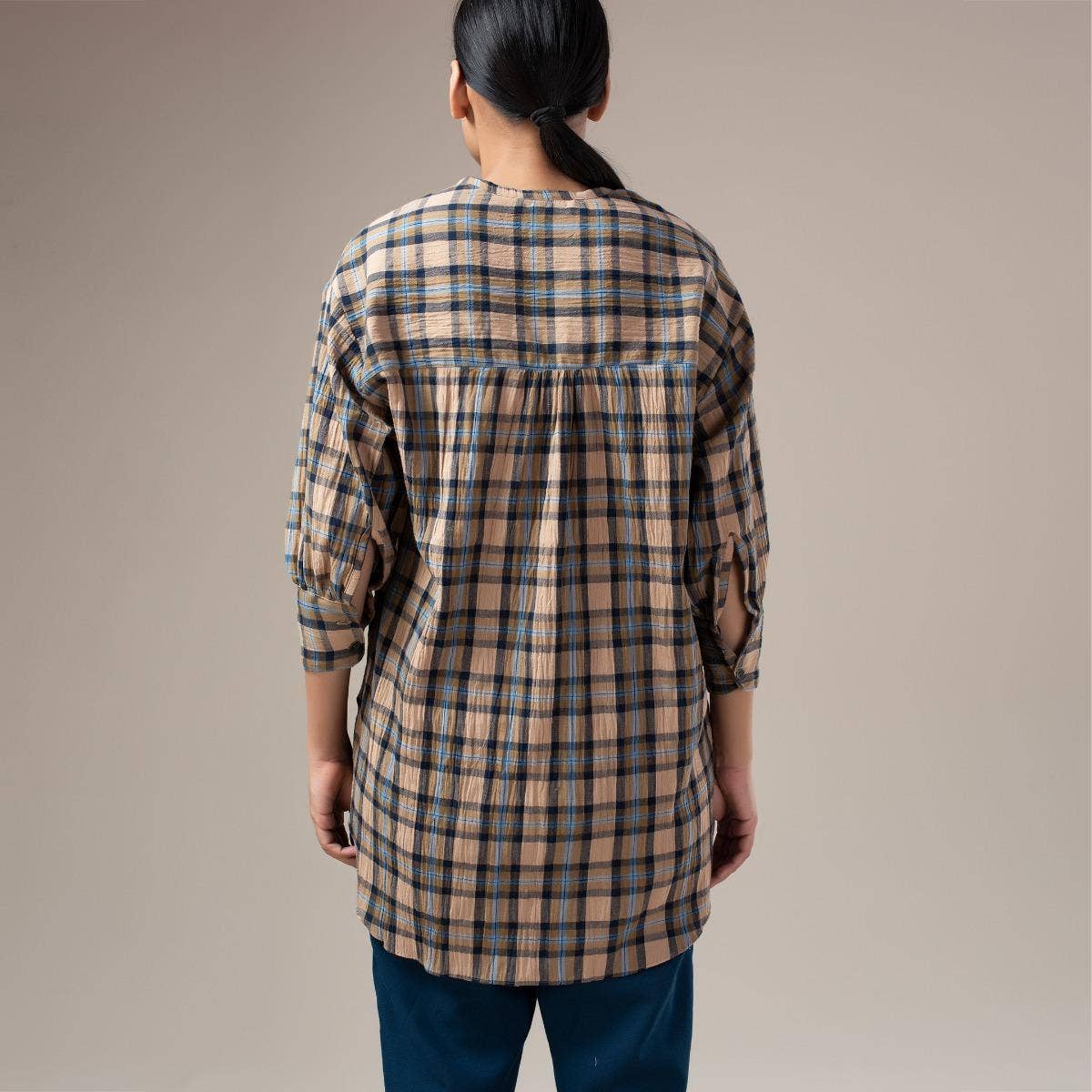 Yarn Dyed Crinkled Madras Check Womens Shirt - Khaki