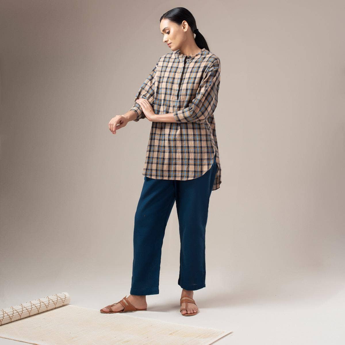 Yarn Dyed Crinkled Madras Check Womens Shirt - Khaki