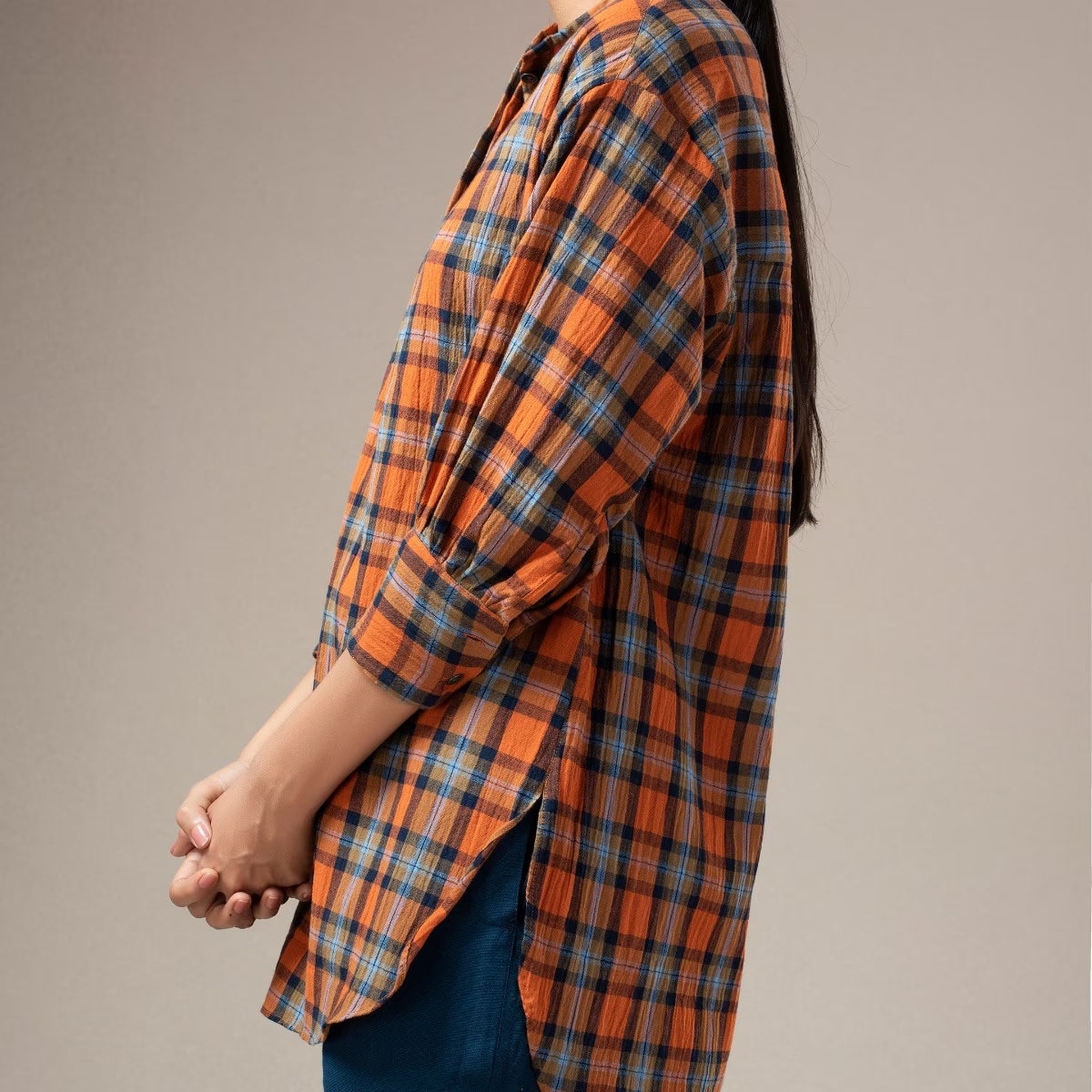 Yarn Dyed Crinkled Madras Check Womens Shirt - Rust
