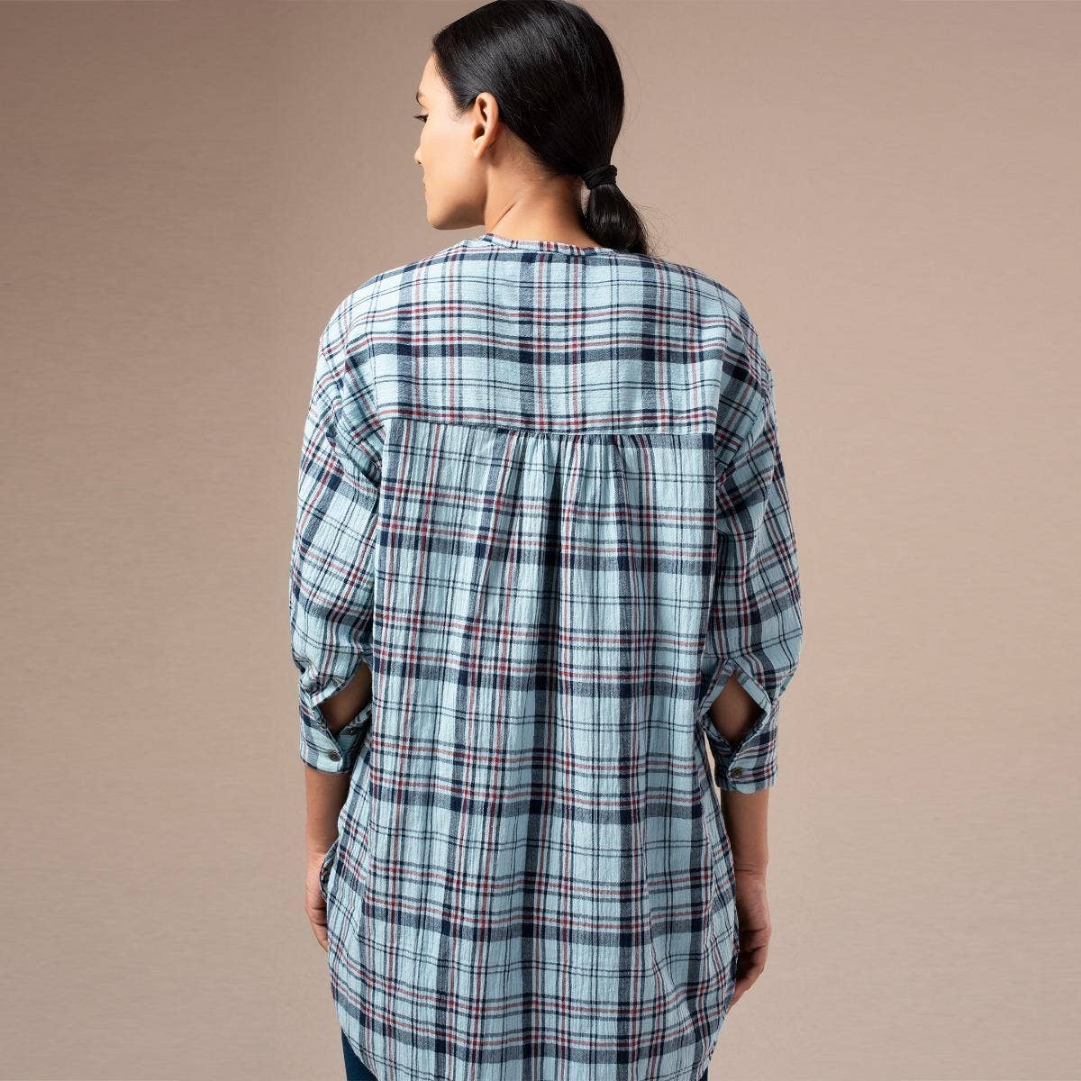 Yarn Dyed Crinkled Madras Check Womens Shirt - Pale Blue