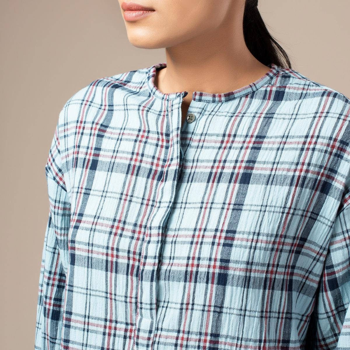 Yarn Dyed Crinkled Madras Check Womens Shirt - Pale Blue