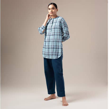 Yarn Dyed Crinkled Madras Check Womens Shirt - Pale Blue