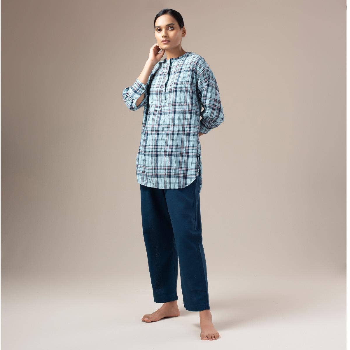 Yarn Dyed Crinkled Madras Check Womens Shirt - Pale Blue