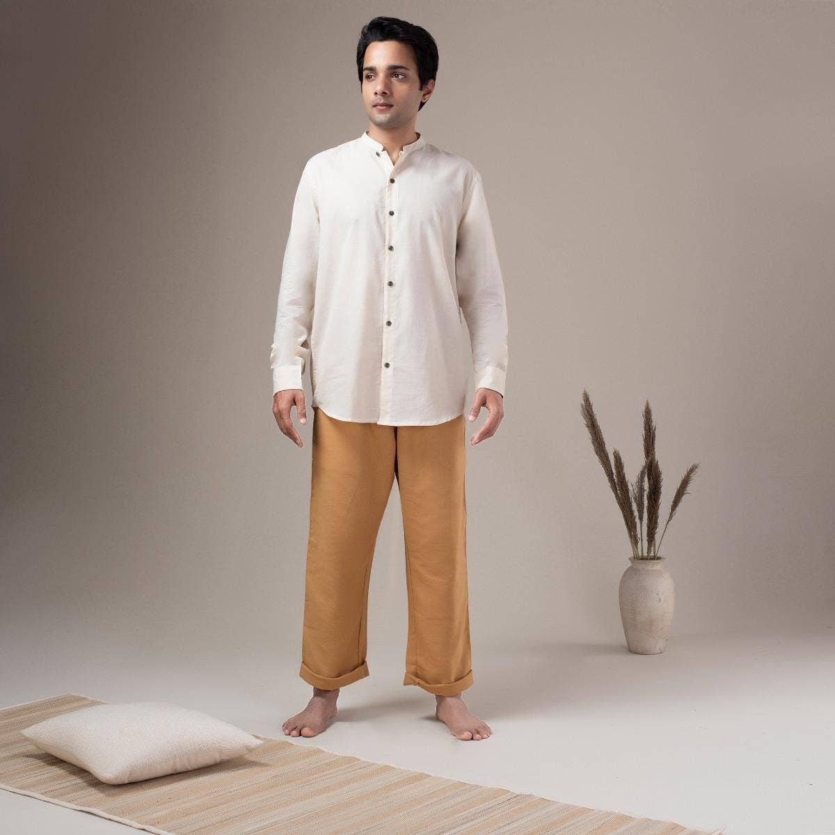Fine Cotton Lightweight Houndstooth Shirt - Beige