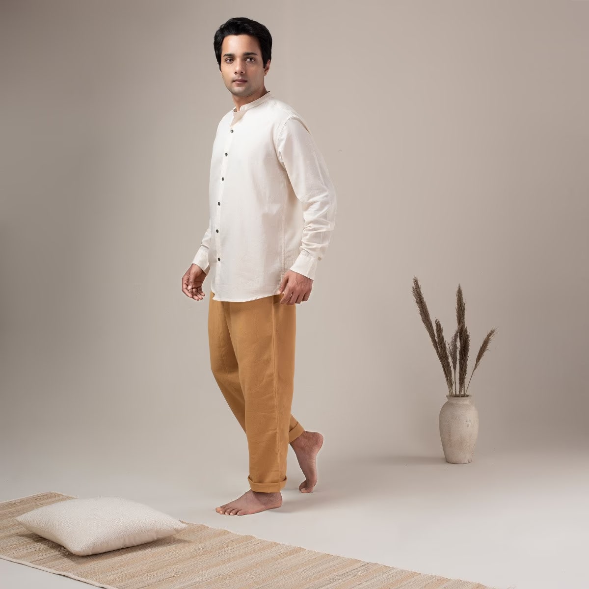 Fine Cotton Lightweight Houndstooth Shirt - Beige