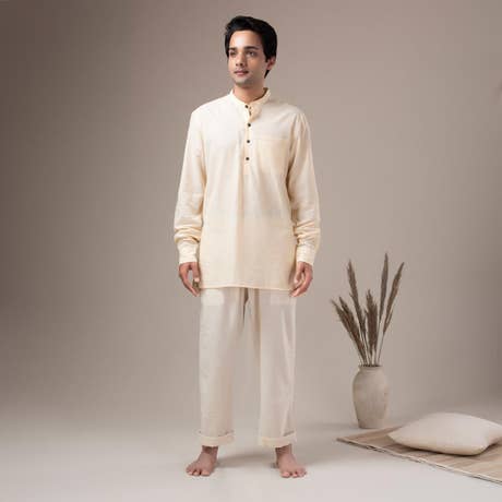Fine Cotton Lightweight Pin Stripe Shirt Kurta - Ochre
