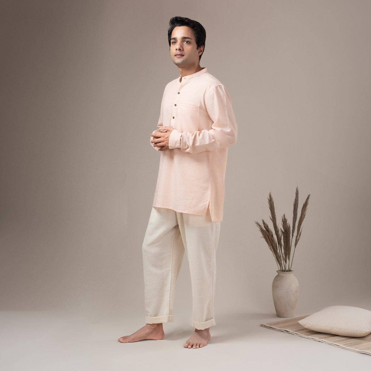 Fine Cotton Lightweight Pin Stripe Shirt Kurta - Rust