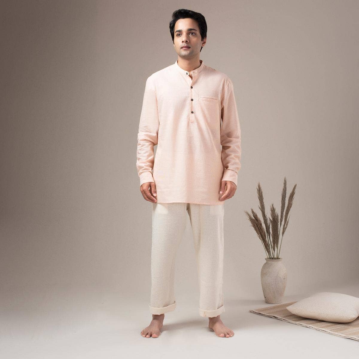 Fine Cotton Lightweight Pin Stripe Shirt Kurta - Rust
