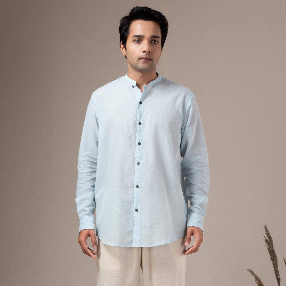 Fine Cotton Lightweight Houndstooth Shirt - Sky