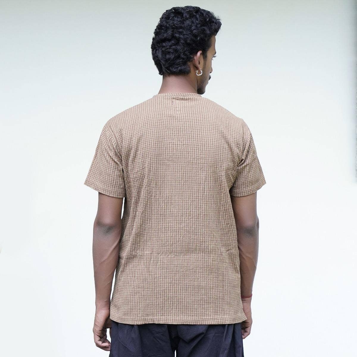Crinkled Cotton Yarn Dyed Collarless Kurta - Khaki