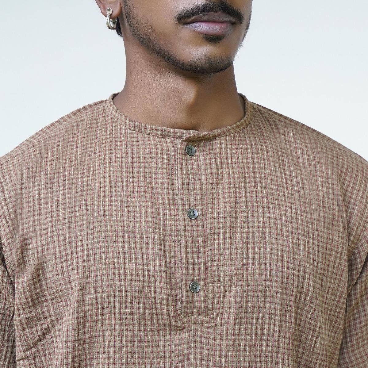 Crinkled Cotton Yarn Dyed Collarless Kurta - Khaki