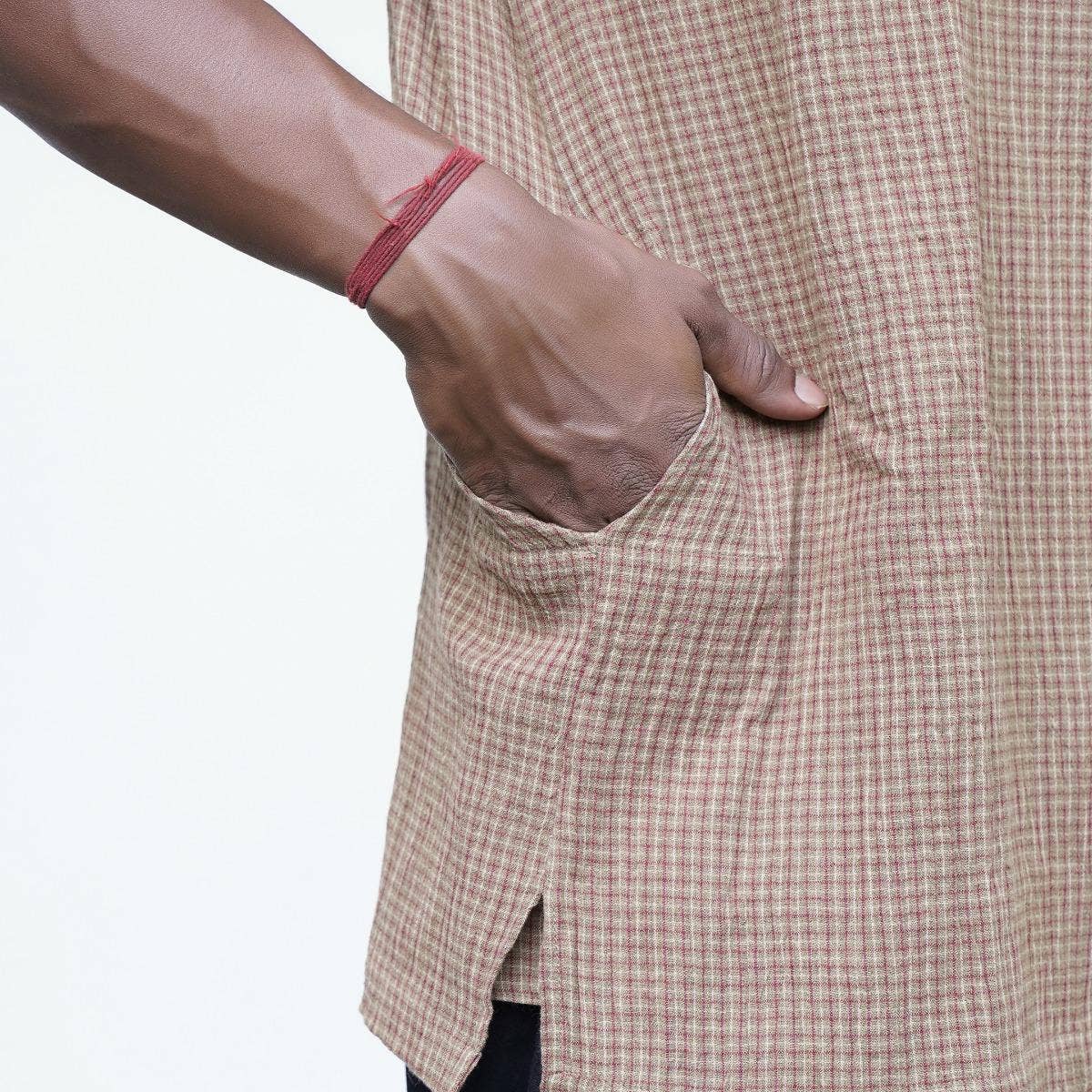 Crinkled Cotton Yarn Dyed Collarless Kurta - Khaki
