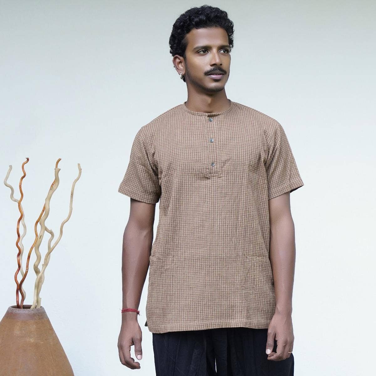 Crinkled Cotton Yarn Dyed Collarless Kurta - Khaki