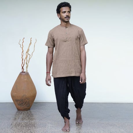 Crinkled Cotton Yarn Dyed Collarless Kurta - Khaki
