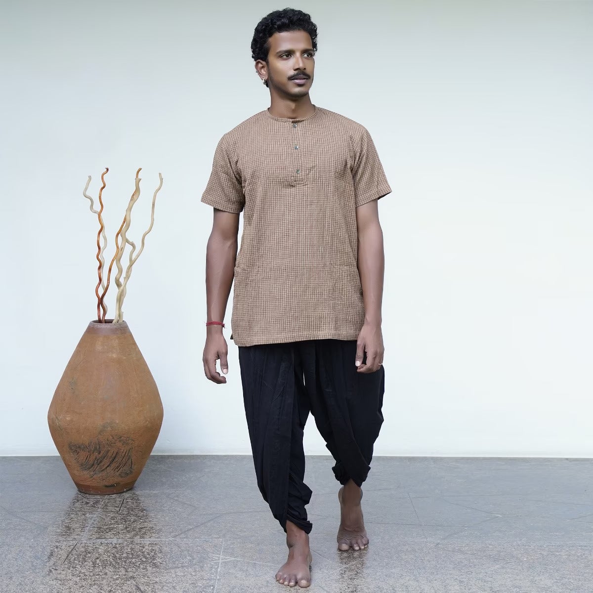 Crinkled Cotton Yarn Dyed Collarless Kurta - Khaki
