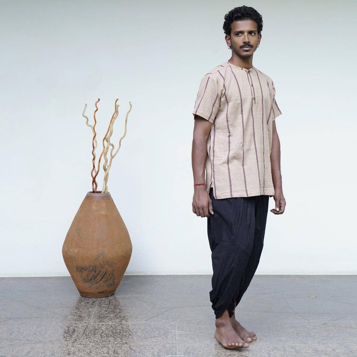Crinkled Cotton Yarn Dyed Collarless Kurta - Ecru