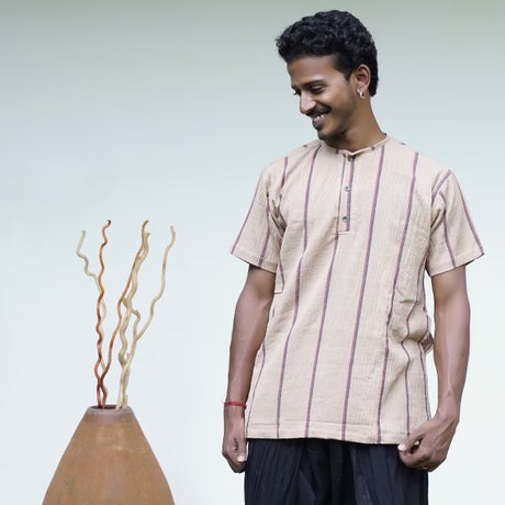 Crinkled Cotton Yarn Dyed Collarless Kurta - Ecru