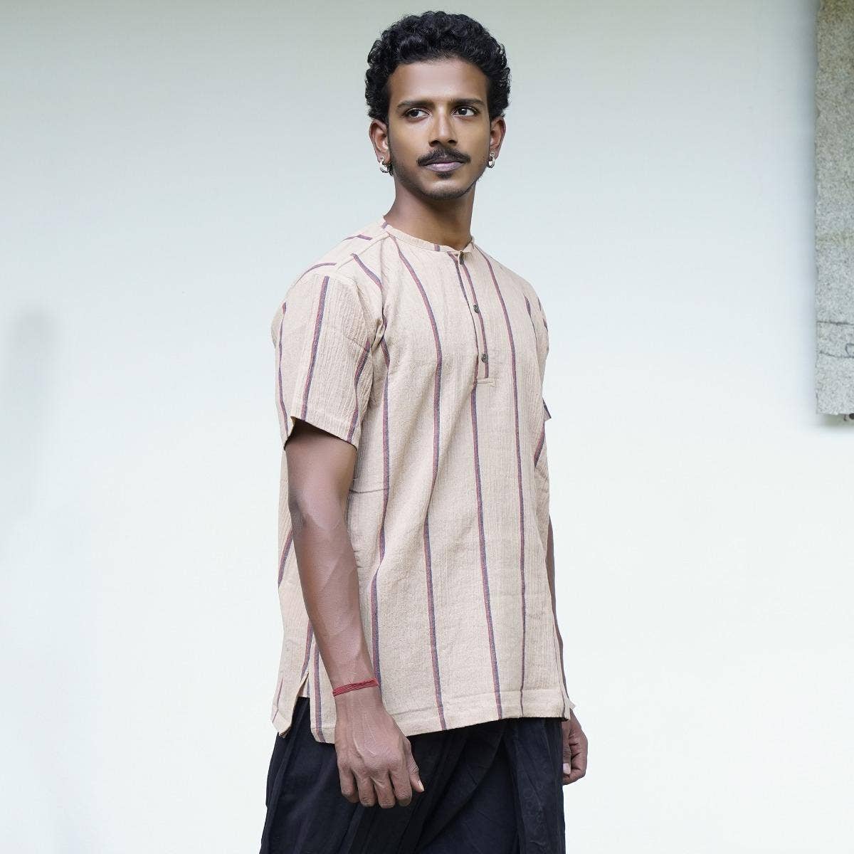 Crinkled Cotton Yarn Dyed Collarless Kurta - Ecru