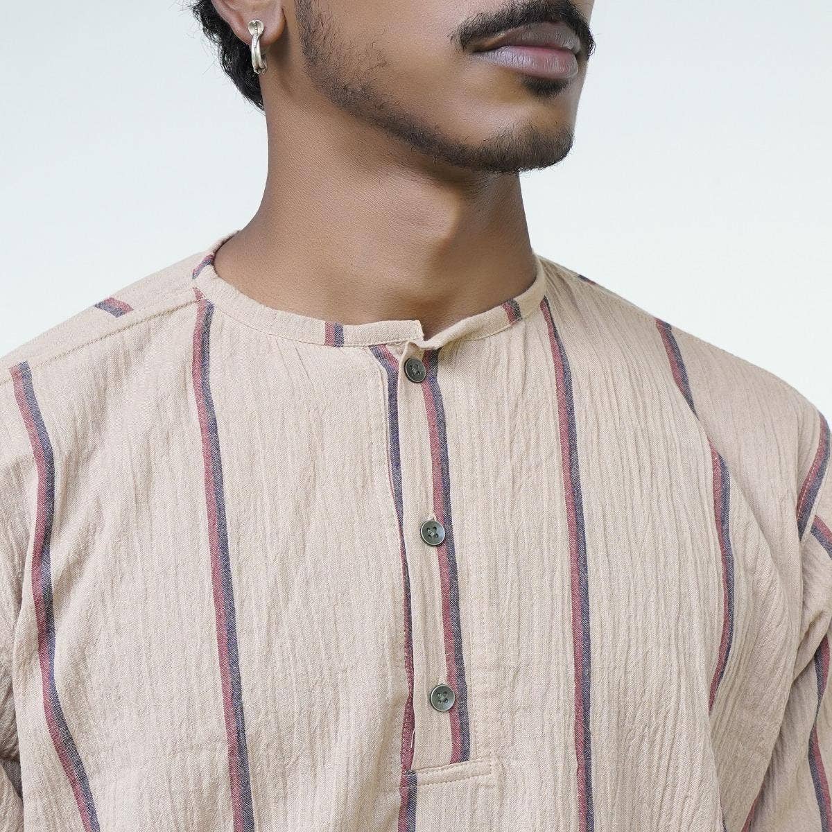 Crinkled Cotton Yarn Dyed Collarless Kurta - Ecru