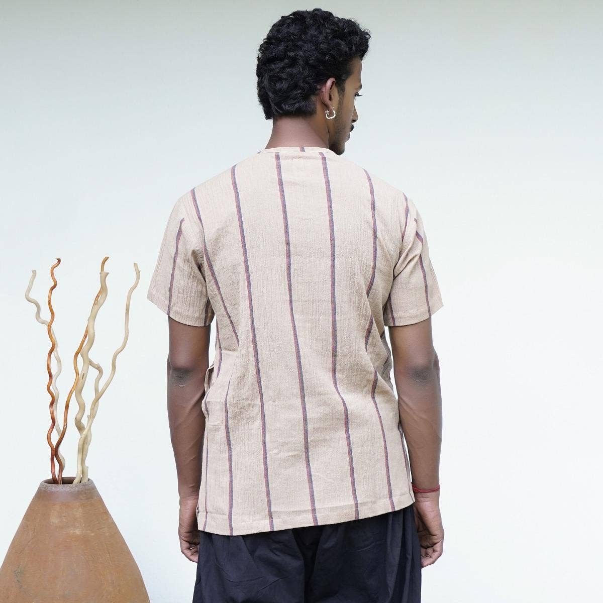 Crinkled Cotton Yarn Dyed Collarless Kurta - Ecru