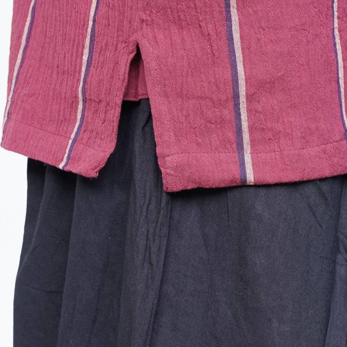 Crinkled Cotton Yarn Dyed Collarless Kurta- Maroon