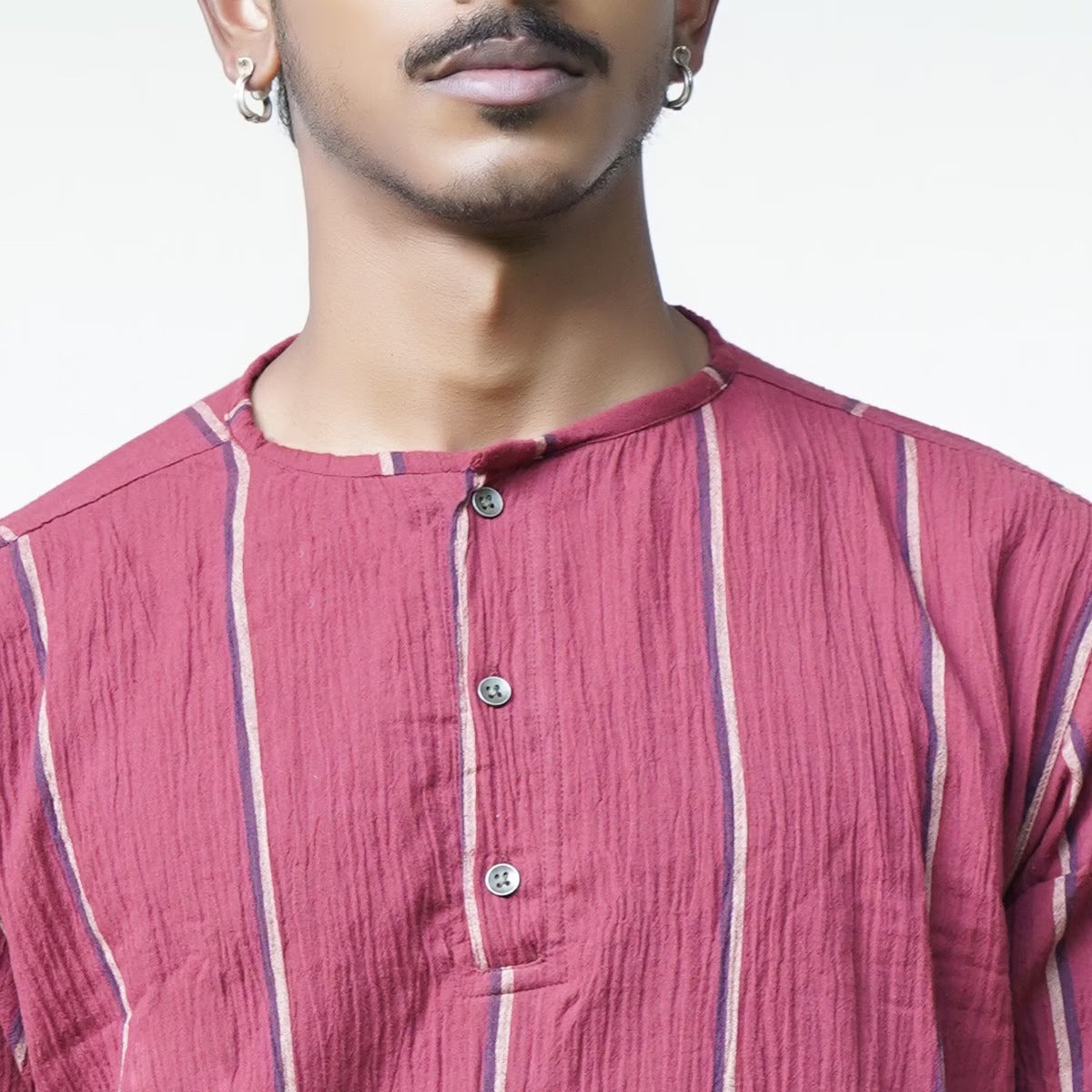Crinkled Cotton Yarn Dyed Collarless Kurta- Maroon