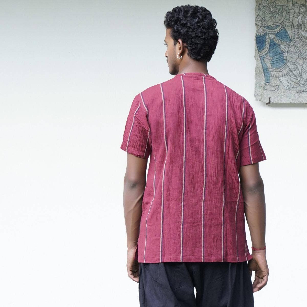 Crinkled Cotton Yarn Dyed Collarless Kurta- Maroon
